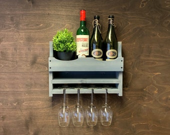 Personalised Rustic Grey wooden Wine Rack to hold 4 glasses/bottles -Add your Man Cave/Home Bar name - Wall Mounted Display (4GR)(EM)