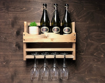 Personalised Rustic wooden Wine Rack to hold 4 glasses/bottles Wall Mounted Display - Add your Man Cave/Home Bar name!! (4WO)(EM)