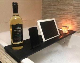 Add a personalised engraved message!! Wooden Bath Tray Bath Caddy Bath Bar Phone Tablet Wine Glass Holder Black Great Gift BBBL