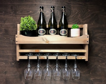 Personalised Wooden Wine Bottle Holder and 6 Glass Wall Mounted Display Bar (6WO) (EM)