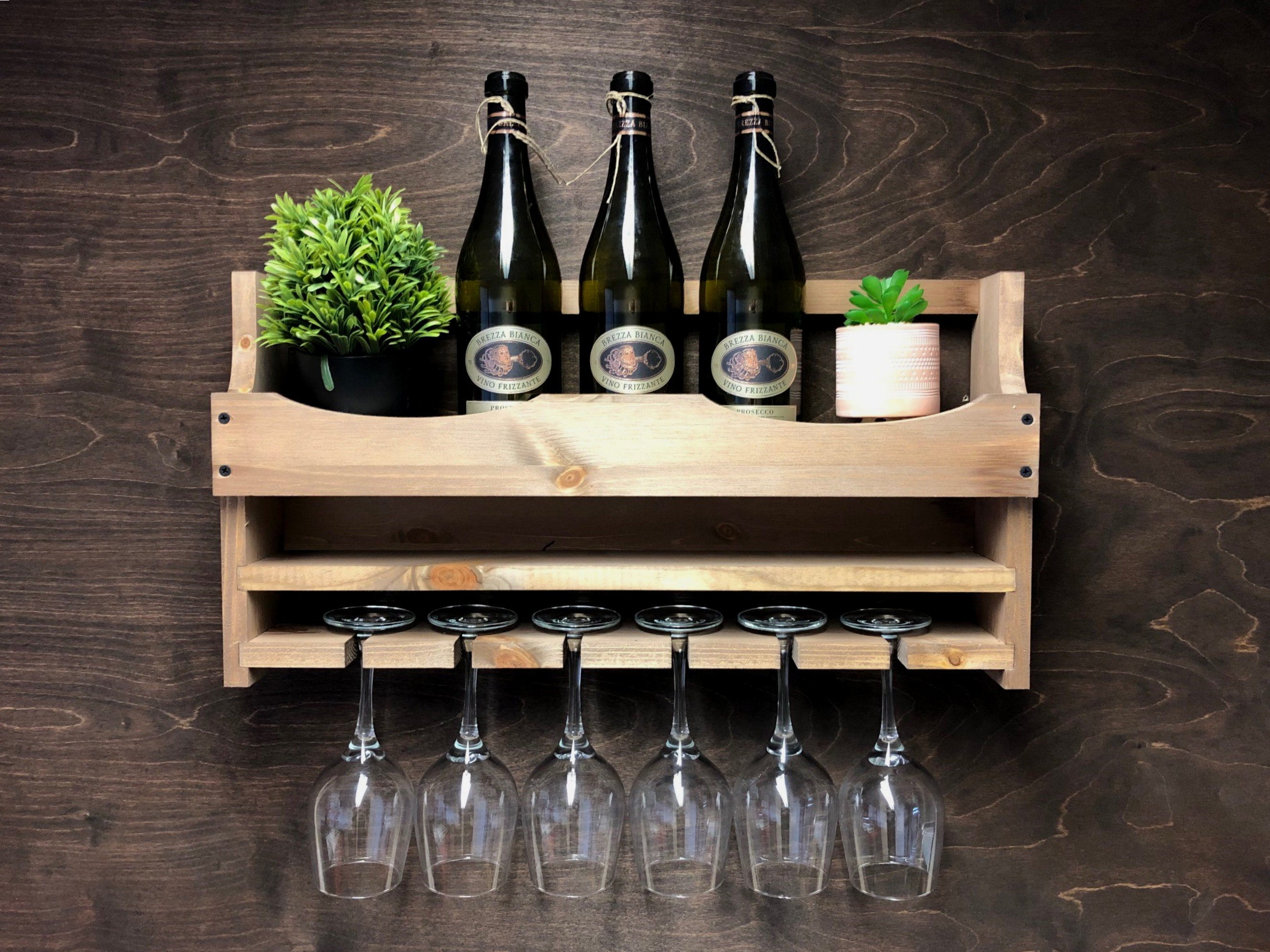 Personalised Wooden Wine Bottle Holder and 6 Glass Wall Mounted