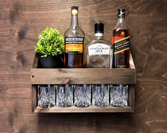 Personalised Wooden Whisky Rum Bottle Shelf and Tumbler Holder - Wall Mounted Display Home Bar Man Cave Whiskey Gift (W-DO)(EM)