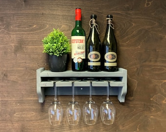 Rustic Wooden Wine Shelf to hold 4 glasses/bottles - Wall Mounted Display Home Bar She Man Cave Rum Whiskey Christmas gift (WS-GR) (EM)