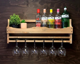 Large Light Oak Rustic wooden Gin Rack to hold 6 Balloon glasses & 8-9 bottles - Wall Mounted Display Home Bar She (6GWO) (EM)