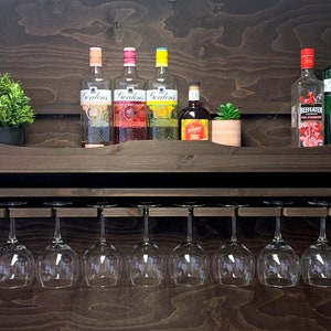 Large Dark Oak Rustic wooden Gin Rack to hold 8 Balloon glasses & 10 bottles- Wall Mounted Display Home Bar She (8GDO) (EL)