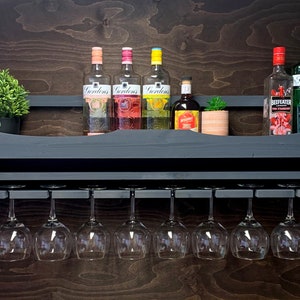 Large Grey Rustic wooden Gin Rack to hold 8 Balloon glasses & 10 bottles - Wall Mounted Display Bar (8GGR) (EL)