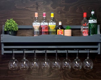 Large Grey Rustic wooden Gin Rack to hold 8 Balloon glasses & 10 bottles - Wall Mounted Display Bar (8GGR) (EL)