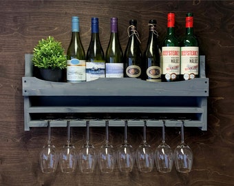 Personalised Grey Wooden Wine Bottle Holder and 8 Glass Wall Mounted Display Bar (8GR) (EM)