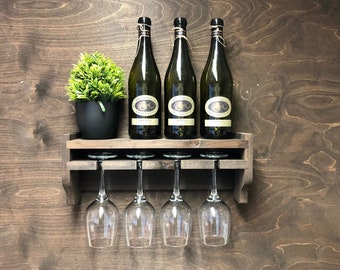 Rustic wooden Wine Shelf to hold 4 glasses/bottles - Wall Mounted Display Home Bar Man Cave (WS-DO) (EM)