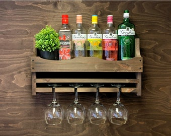Dark Oak Rustic wooden Gin Rack to hold 4 Balloon glasses & 6 bottles - Wall Mounted Display Home Bar She (4GDO) (EM)