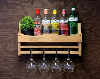 Westminster Oak Rustic wooden Gin Rack to hold 4 Balloon glasses & 6 bottles- Wall Mounted Display Bar  (4GWO) (EM)