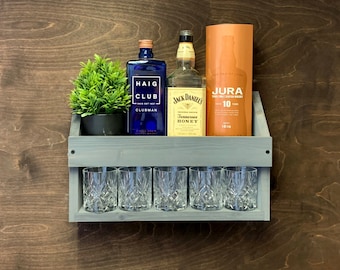 Personalised Grey Wooden Whisky Rum Bottle Shelf and Tumbler Holder - Wall Mounted Display Bar Whiskey Gift (W-GR)(EM)