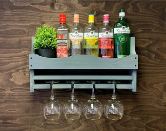 Grey Rustic Wooden Gin Rack to hold 4 Balloon Glasses & 6 bottles - Wall Mounted Display Home Bar Man Cave Garden Bar (4GGR) (EM)