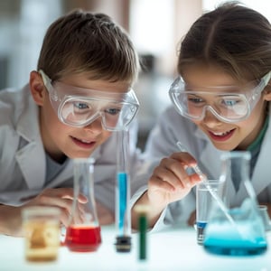 Op de afbeelding: Twee kinderen in laboratoriumjassen en een veiligheidsbril voeren een wetenschappelijk experiment uit. Ze zijn omringd door bekers en reageerbuizen gevuld met kleurrijke vloeistoffen, waaronder blauw, rood en geel. De scène suggereert wetenschappelijke exploratie en educatie.
