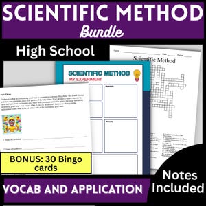 May include: A Scientific Method bundle for high school students featuring educational worksheets, a crossword puzzle, and experiment logs. The materials include a page with a swimming pool slime scenario, a bonus 30 bingo cards note, and vocabulary.