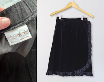 60s Yves Saint Laurent Black Velvet Wrap Skirt | Small