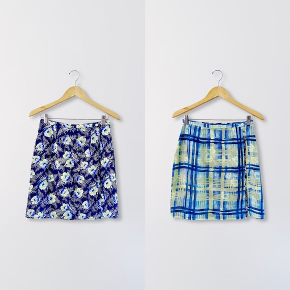 90s Reversible Floral Plaid Print Wrap Skirt | Sm… - image 1