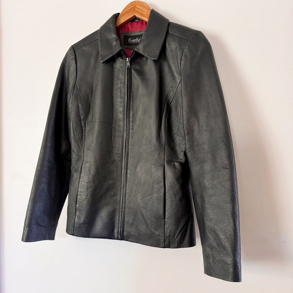 90s Minimalist Black Leather Zip Front Jacket | S… - image 2