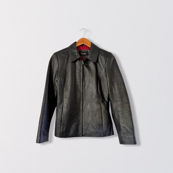 90s Minimalist Black Leather Zip Front Jacket | S… - image 1