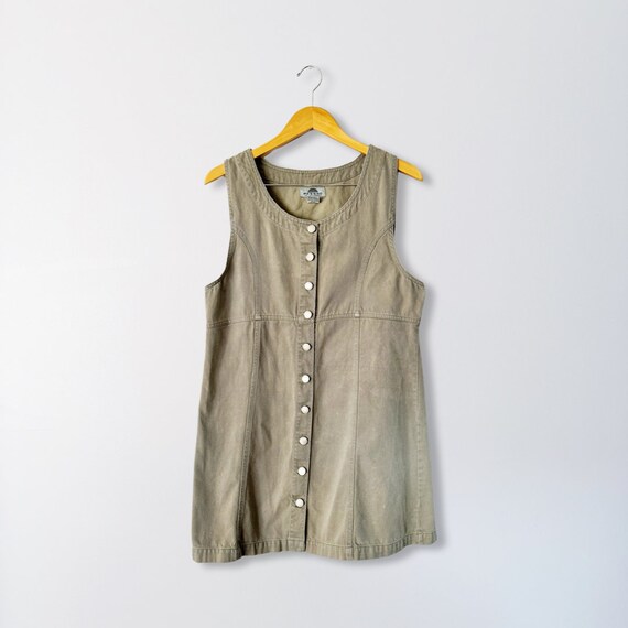 90s Olive Green Denim Button Front Mini Dress | M… - image 1