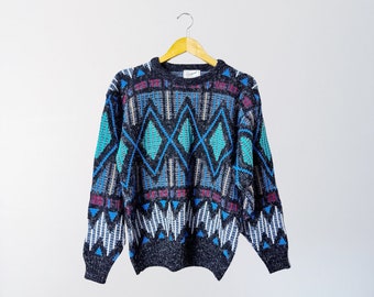 80s Textured Multicolor Diamond Oversized Sweater | M/L