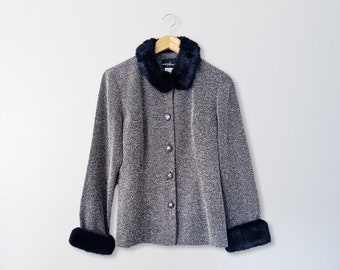 Blazer années 90 gris chiné et fourrure noire | Grande