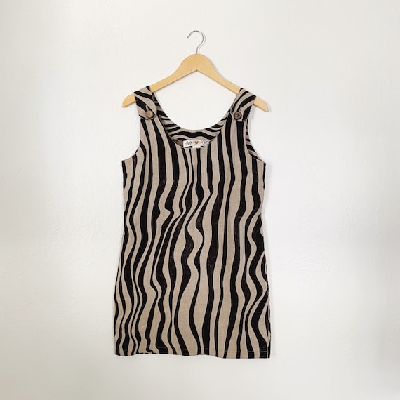 90s Linen Zebra Print Overalls Dress | Small