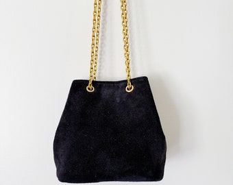 Jaren '90 ANN TAYLOR Zwart Suede Gouden Ketting Mini Schoudertas