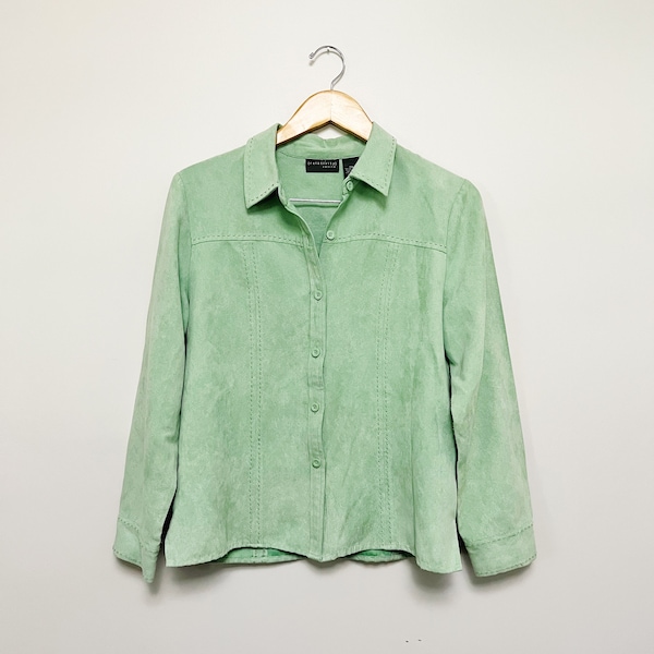 90s Microsuede Mintgrünes Whipstitch Shirt | Mittelgroß