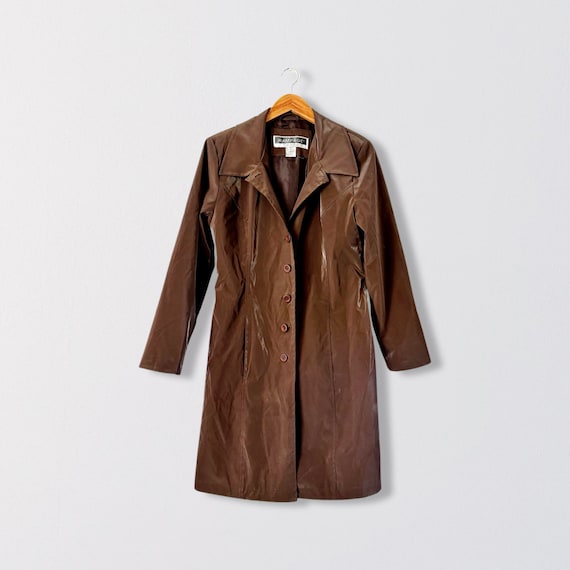 90s RAMPAGE Chocolate Brown Pleather Trench | Med… - image 1