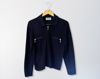 Pull cardigan zippé en tricot noir minimaliste des années 90 | Moyenne