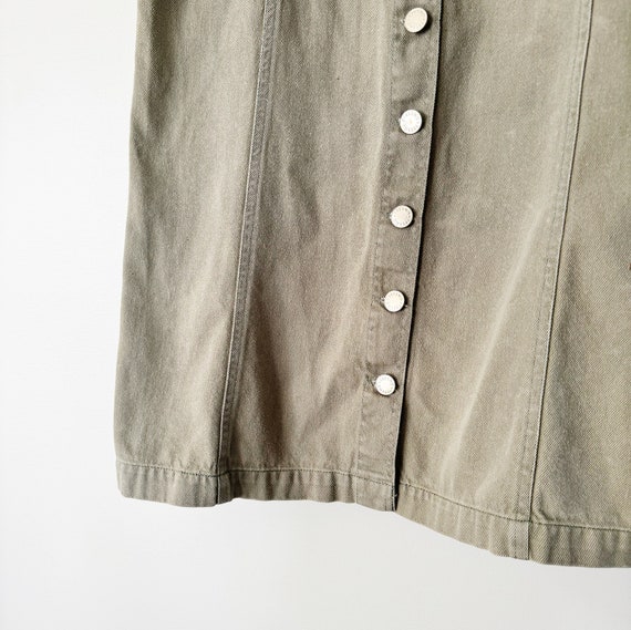 90s Olive Green Denim Button Front Mini Dress | M… - image 3