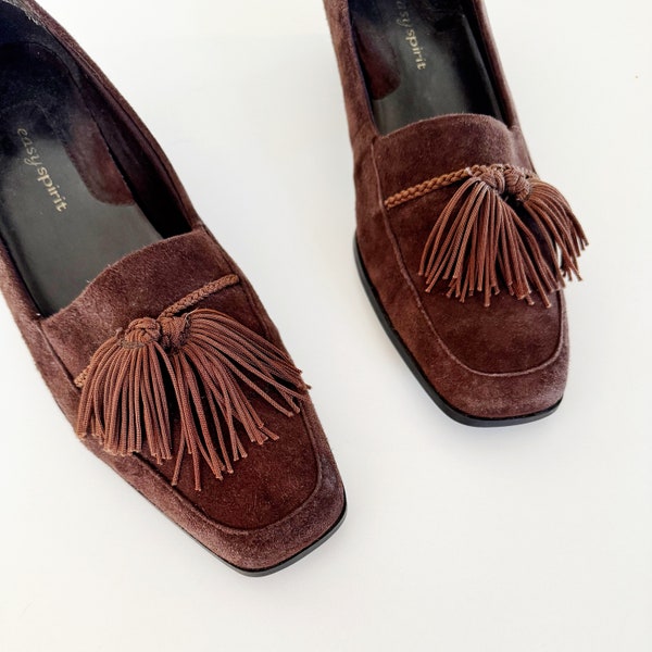 90s Brown Suede Square Toe Tassel Loafers | 7