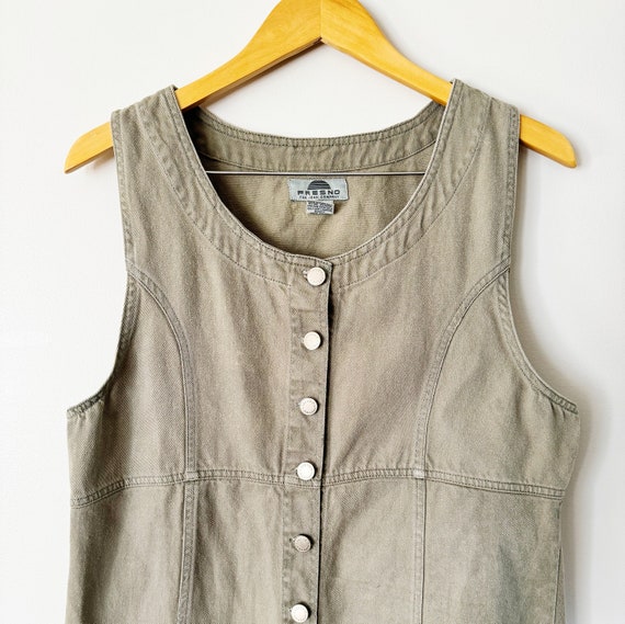 90s Olive Green Denim Button Front Mini Dress | M… - image 2