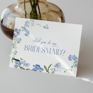 Blue Floral Bridesmaid Proposal Card, Watercolor, Will You Be My Bridesmaid, Bridesmaid Gift, Bow, Blue Bridesmaid Box, Maid of Honor Card