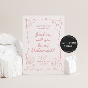 SOFORTIGE Schleife-Brautjungfern-Antragskarten-Vorlage, rosa, handgezeichnet, Download, Be My Maid of Honor, einzigartiges Geschenk, wellig, trendig, Brautjungfern-Box