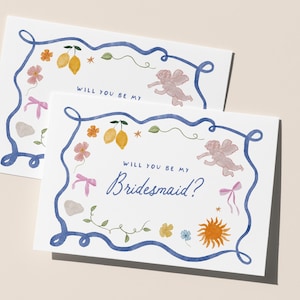 Watercolor Doodle Bridesmaid Proposal Card, Will You Be My Bridesmaid, Wavy, Bridesmaid Gift, Aesthetic, Bridesmaid Box, Maid of Honor Card