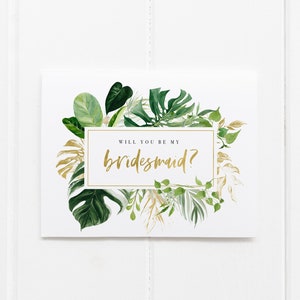 Bridesmaid Proposal Card, Tropical Wedding, Will You Be My Bridesmaid Card, Watercolor Palm Print, Bridesmaid Gift, Gold