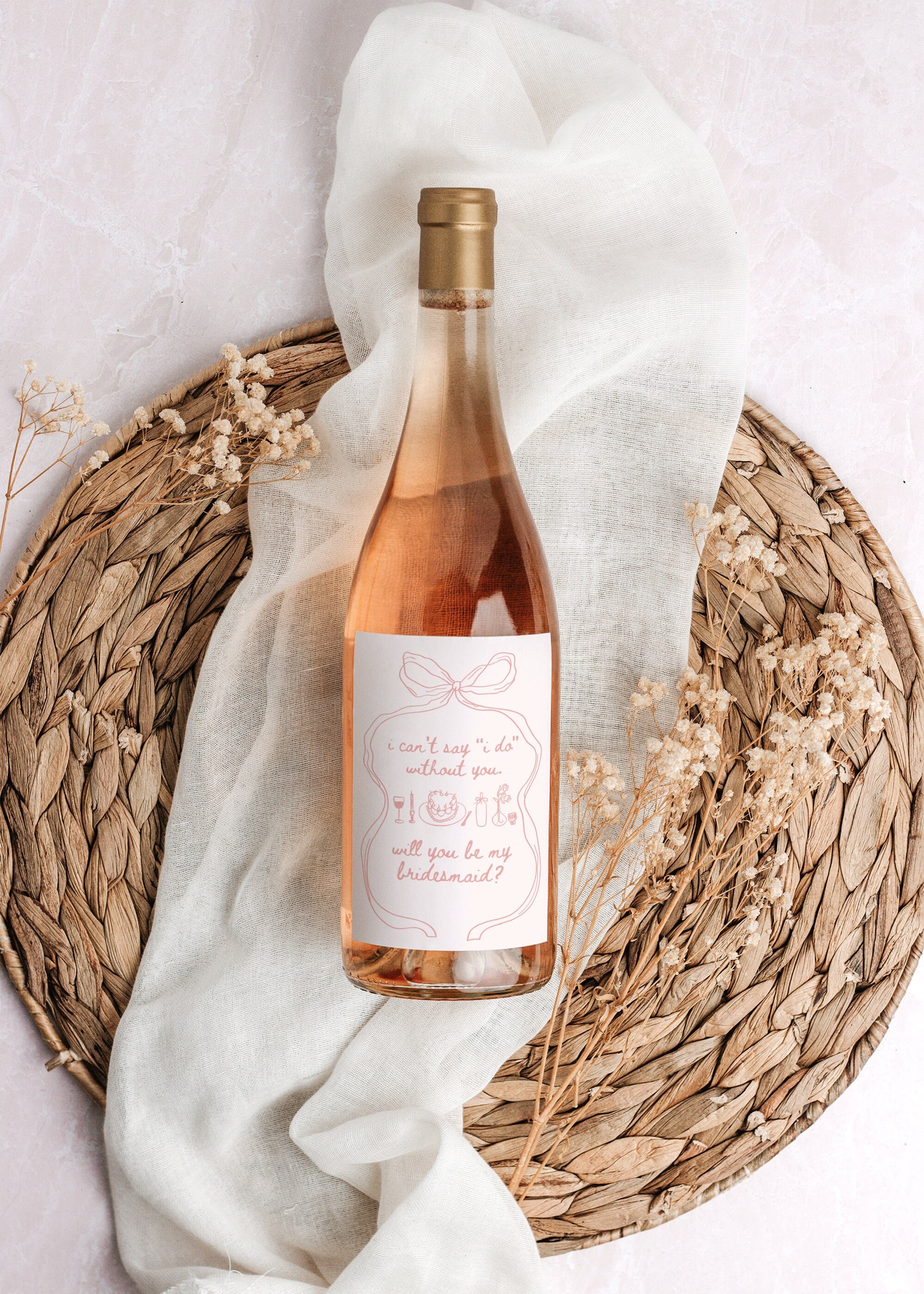 Pink Bow Bridesmaid Proposal Wine Label, Hand Drawn, Bridesmaid Wine Label, Aesthetic, Maid of Honor Proposal, Unique Bridesmaid Gift Box