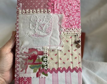 Handmade Vintage Fabric Collage Cover Mostly Pink Junk Journal Diary Scrapbook