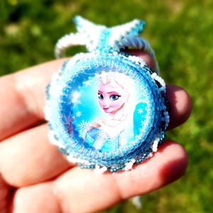 Pendant necklace, frozen Elsa print pendant, beaded pendant, embroideren pendant, handmade jewelry
