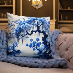 Blue Chinoiserie Throw Pillow: Floral Tree, Asian Decor