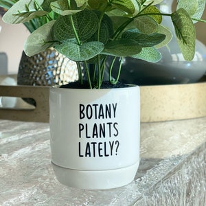May include: White ceramic planter with a green artificial plant. The planter has black text that reads "Botany Plants Lately?"