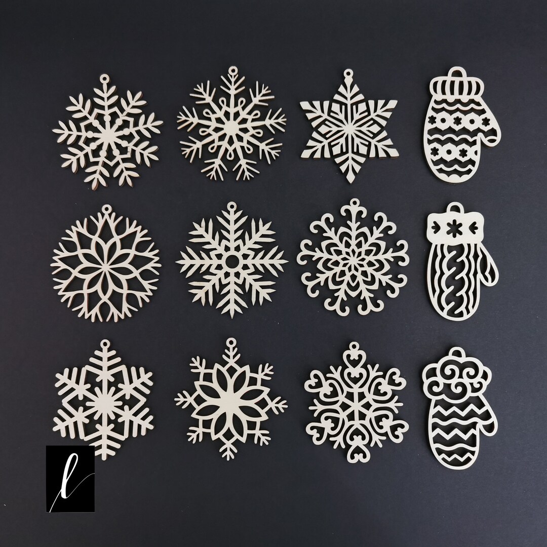 Set of 12, 24, 36 Wooden Christmas Ornaments, Snowflakes, Holiday Decor ...
