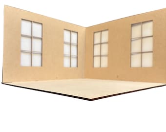 Dubbelsidig rumslåda med 4 fönster | Dockhusminiatyr | Rumslåda | Skala 1:12 Miniatyr | Diorama-kit | 30B x 30D x 23 cm H