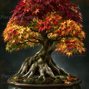Pode incluir: Um bonsai com um tronco grosso e texturizado, com folhagem vibrante que transita do vermelho profundo no topo para o amarelo dourado e verde na base. A árvore está plantada num vaso de cerâmica redondo com esmalte azul escuro.