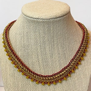 Red and Gold Beaded Dragonback Chainmaille Necklace