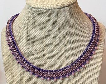 Purple and Pink Beaded Dragonback Chainmaille Necklace