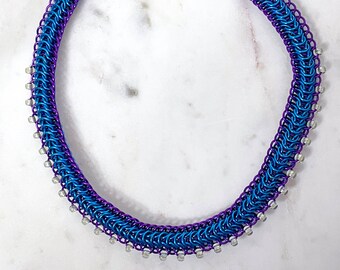 Violet and Turquoise Beaded Dragonback Chainmaille Necklace
