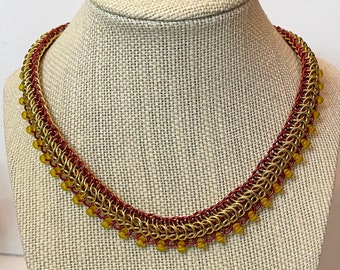 Red and Gold Beaded Dragonback Chainmaille Necklace